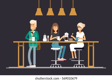 Vector flat illustration of friend sitting at the coffee house. Young people chatting at cafe and drinking coffee and enjoying together