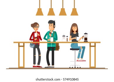 Vector flat illustration of friend sitting at the coffee house. Young people chatting at cafe and drinking coffee and enjoying together