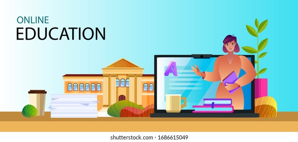 Vektorillustration Wohnung Illustration mit freundlichem Lehrer, Laptop, Universitätsgebäude, Bücher, Zeitungen. Online-Bildungsbanner mit gemütlichem Heimarbeitsplatz, weiblicher Tutor-Charakter. E-Learning-Konzept mit Kopienraum