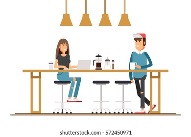 Vector flat illustration of friends at the coffee house. Young character freelance sitting in a coffee shop and working on laptop.