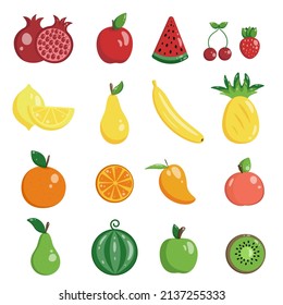 Vector flat illustration of fruit on a white background. Healthy food. Fruit set. Watermelon, banana, pear, lemon, apple and other juicy fruits.