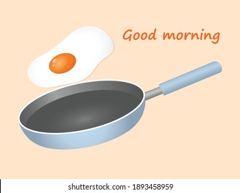 Vector flat illustration of a frying pan with a flying egg for advertising, web, menu, restaurant. Good morning with delicious scrambled eggs breakfast