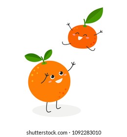 Vector flat illustration of funny cartoon orange tossing joyful adorable tangerine up the air, isolated on white background 