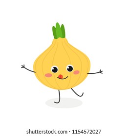 Vector flat illustration of funny cartoon onion isolated on white background 
