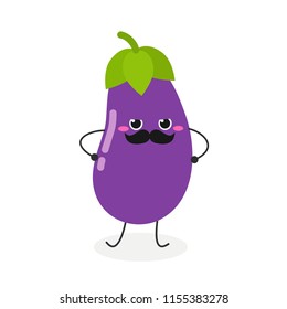 Vector flat illustration of funny cartoon eggplant with mustache, isolated on white background 