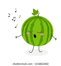 Vector flat illustration of funny cartoon watermelon singing a song
