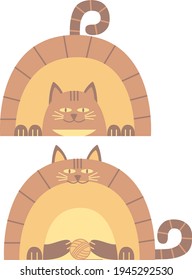 Vector flat illustration : funny cartoon style cats in brown beige colors. Eating and sitting with ball of thread. Minimalism. Childish nice design for card, poster, invitation, t-shirt print.