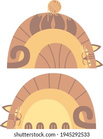Vector flat illustration : funny cartoon style cats in brown beige colors. Playing with ball of thread and lying down. Minimalism. Childish nice design for card, poster, invitation, t-shirt print.