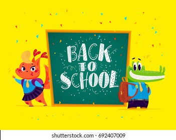 Vector flat illustration with funny cartoon animal student squirrel girl and crocodile boy standing at big chalkboard isolated on yellow background. Lettering back to school greeting. School character