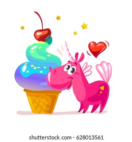 Vector flat illustration with funny cute little unicorn character and big tasty ice cream cone isolated on white background. Food children illustration, cartoon style. Packaging design.