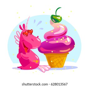 Vector flat illustration with funny cute little unicorn character and big tasty ice cream cone isolated on white background. Food children illustration, cartoon style. Packaging design.