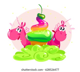 Vector flat illustration with funny cute little unicorn character couple & big tasty ice cream cone on mint cloud isolated on white background. Food children illustration cartoon style. Package design