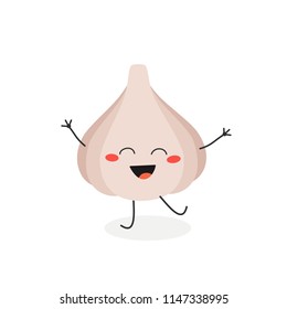 Vector flat illustration of funny happy cartoon garlic isolated on white background 