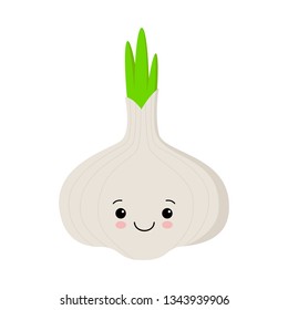 Vector flat illustration of funny happy cartoon garlic isolated on white background