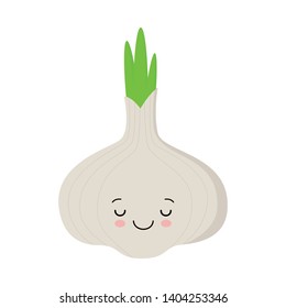 Vector flat illustration of funny happy cartoon garlic isolated on white background