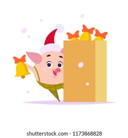 Vector flat illustration of funny little pig elf in santa hat and box of door bells isolated on white background. Perfect for web banner, packaging holiday design etc.