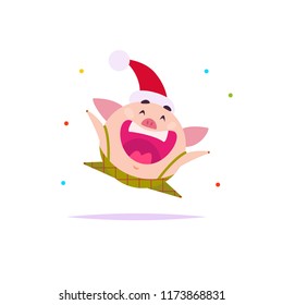 Vector flat illustration of funny little pig elf in santa hat jumping isolated on white background. Perfect for web banner, packaging holiday design, cards etc.