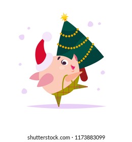 Vector flat illustration of funny little pig elf in santa hat carrying decorated small New year fir tree isolated on white background. Perfect for web banner, packaging holiday design, cards etc.
