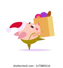 Vector flat illustration of funny little pig elf in santa hat carrying box with New year decoration balls isolated on white background. Perfect for web banner, packaging holiday design, cards etc.