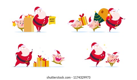 Vector flat illustration of funny Santa Claus character and cute little pig elf in santa hat isolated on white background. New year fir tree, gift box presents bag. Card, banner, web design, packaging