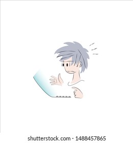 vector flat illustration of funny student with laptop, vector icon of a surprised computer geek with glasses behind a notebook, isolated on white, eps 10