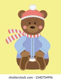 Vector flat illustration with funny Teddy bear in hat and scarf