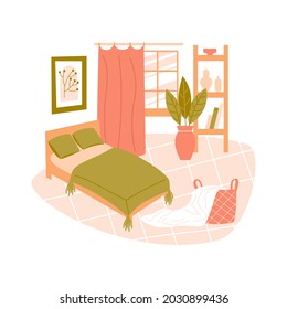 Vector flat illustration with furniture on white background. Modern interior items for a bedroom: bed; window; picture; houseplant; basket; shelves