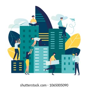 Vector flat illustration, Future city. Eco-friendly, smart, modern, high-rise buildings, the environment, the architecture of skyscrapers, popular business centers and other real estate. Working time Vector flat illustration, Future city. Eco-friendly, smart, modern, high-rise buildings, the environment, the architecture of skyscrapers, popular business centers and other real estate. Working time