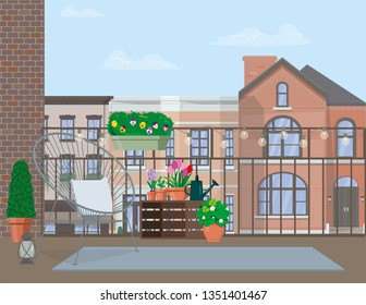 Vector flat illustration. Garden furniture on the balcony decorated with pots of flowers.