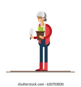 Vector flat illustration of gardener character. Elderly woman holding flower pots isolated in white background. Hobby of the elderly people