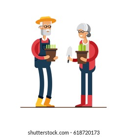 Vector flat illustration of gardener characters. Elderly man and woman holding flower pots. Hobby of the elderly people