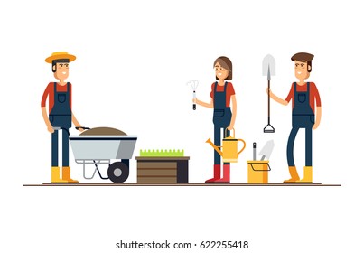 Vector flat illustration of gardener characters. Young man with shovel and watering can and other guy with wheelbarrow of earth. Woman holding rake.