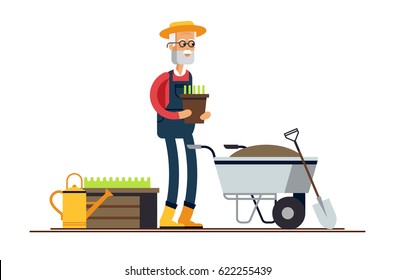 Vector flat illustration of gardener characters. Elderly man holding flower pot and wheelbarrow of earth. Hobby of the elderly people