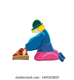 Vector flat illustration. Gardener is engaged in agricultural work: planting and caring for trees, vegetables, harvesting. Autumn theme.