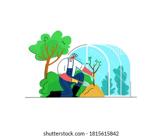 Vector flat illustration of gardener who plants plant sprout. A bush, tree and greenhouse are shown in background. It can be used in web design, social networks, banners, etc.