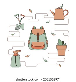 Vektorflache Illustration des Gärtnerrückens für Website-Vorlage, Banner, Poster, Flyer. Handgezeichnete Gartenelemente: Werkzeuge, Scapula, Tränensonde, Spray, Blätter und Töpfe mit Blättern. 