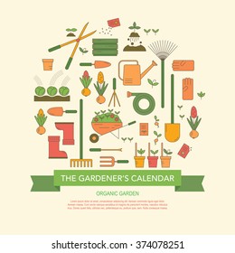 Vector flat illustration for gardener's calendar, planting guide. Colorful background with farming, gardening and agriculture elements. Modern template for garden centers, shops, market.