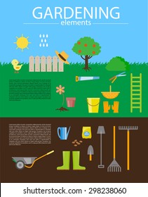 Vector flat illustration of gardening elements with text place. Gardening flat icons collection. 