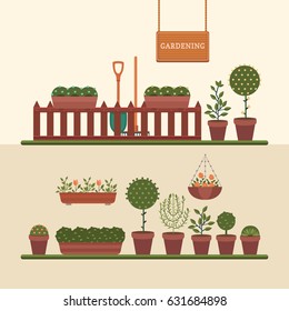 Vector flat illustration of gardening and growing plants. Set of different flowers and plants in pots. Work in the garden in the summer. Set of vector elements: fence, shovel, rake, flowers.