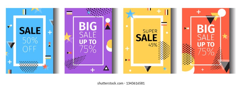 Vector Flat Illustration Geometric Cover Sale 50 Percent Off. Big Sale Up To 75. Super Sale 45 Percent. On Blue Background Scattered Figures Different Sizes and Colors Set Yellow Mesh Gradient 