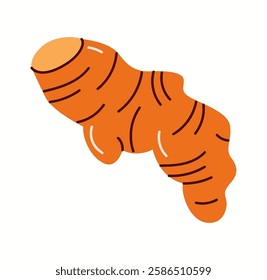 Vector flat illustration of a ginger root with bright orange color and simple curved lines. A minimal and aesthetic representation of a healthy spice.