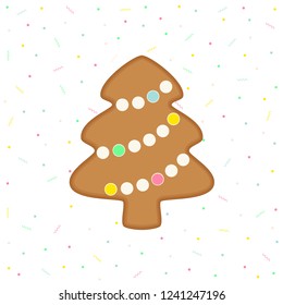 Vector flat illustration of gingerbread Christmas tree on celebration background