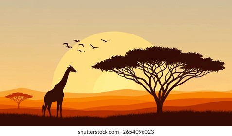 Vector Flat Illustration of Giraffe Silhouette with Long Neck Facing Left Beside Large Acacia Tree and Flying Bird Flock Against Layered Orange-Brown Sunset Savannah Landscape