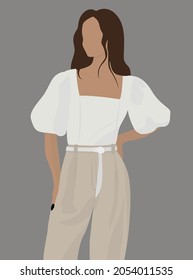 Vector flat illustration of a girl in a blouse. Young woman in a white blouse and dark pants. Design for avatars, posters, backgrounds, menus, cards, templates.