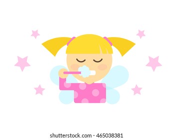 Vector flat illustration of girl brushing teeth. Element for design on white background with stars. Pink, yellow, blue colors.