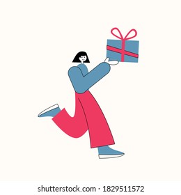 Vector flat illustration of a girl carrying a box with a gift.