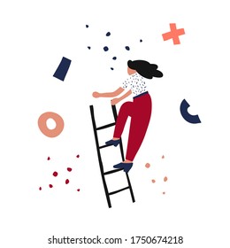 Vector flat illustration of a girl climbing up the stairs. Colored peach background. The girl wants to do something on the stairs. The illustration symbolizes the upward movement