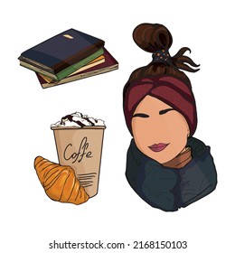 Vektorgrafik eines Mädchens mit Kaffee, Bücher. Junge Mädchen mit Frisur auf weißem Hintergrund. Design für Postkarten, Poster, Hintergründe, Textilien, Vorlagen, Avatare.