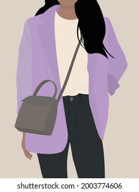 Vector flat illustration of a girl with dark hair. A woman in a light jacket with a bag. Business lady, everyday style. Design for cards, posters, backgrounds, templates, textiles, avatars.