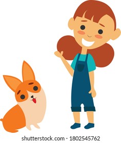 Vector flat illustration of girl with dog.